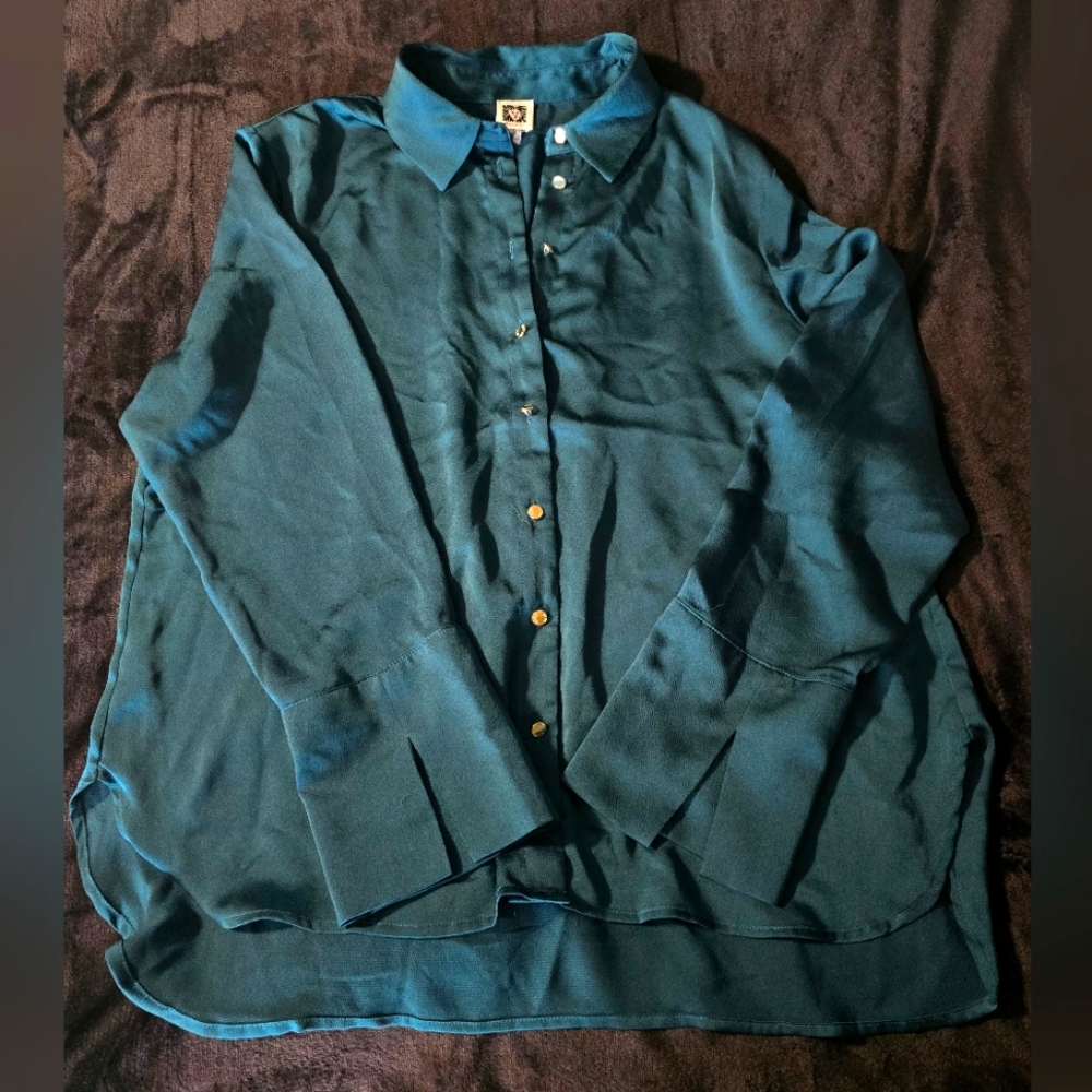 Silky teal blouse.
